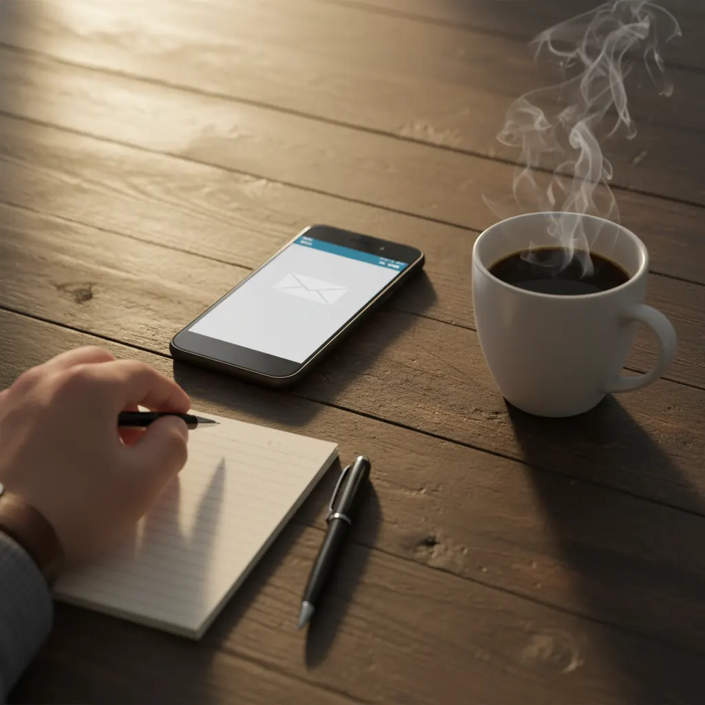 A phone face-up showing an email, a steaming mug, and a hand reaching for a pen instead of the phone.
