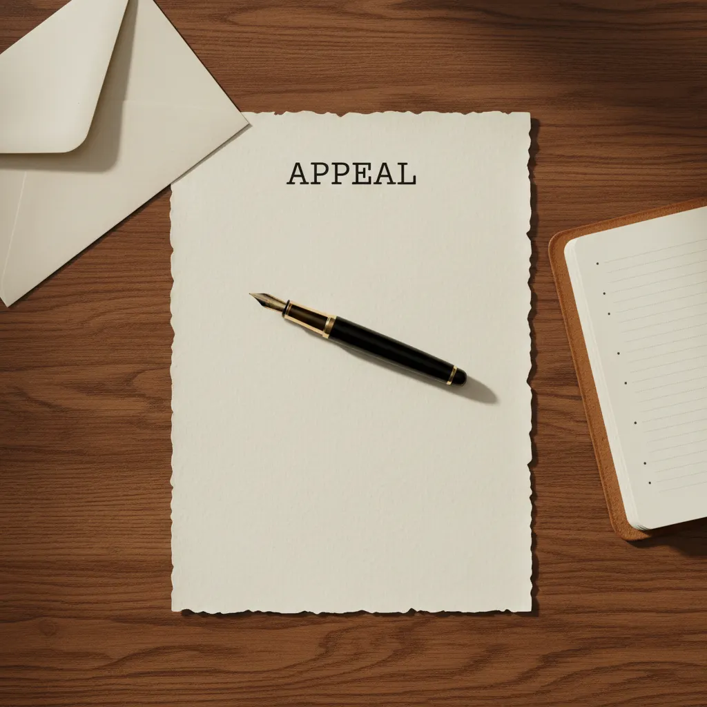A printed appeal letter, a fountain pen, and a leather notebook with outlined notes on a wooden desk.