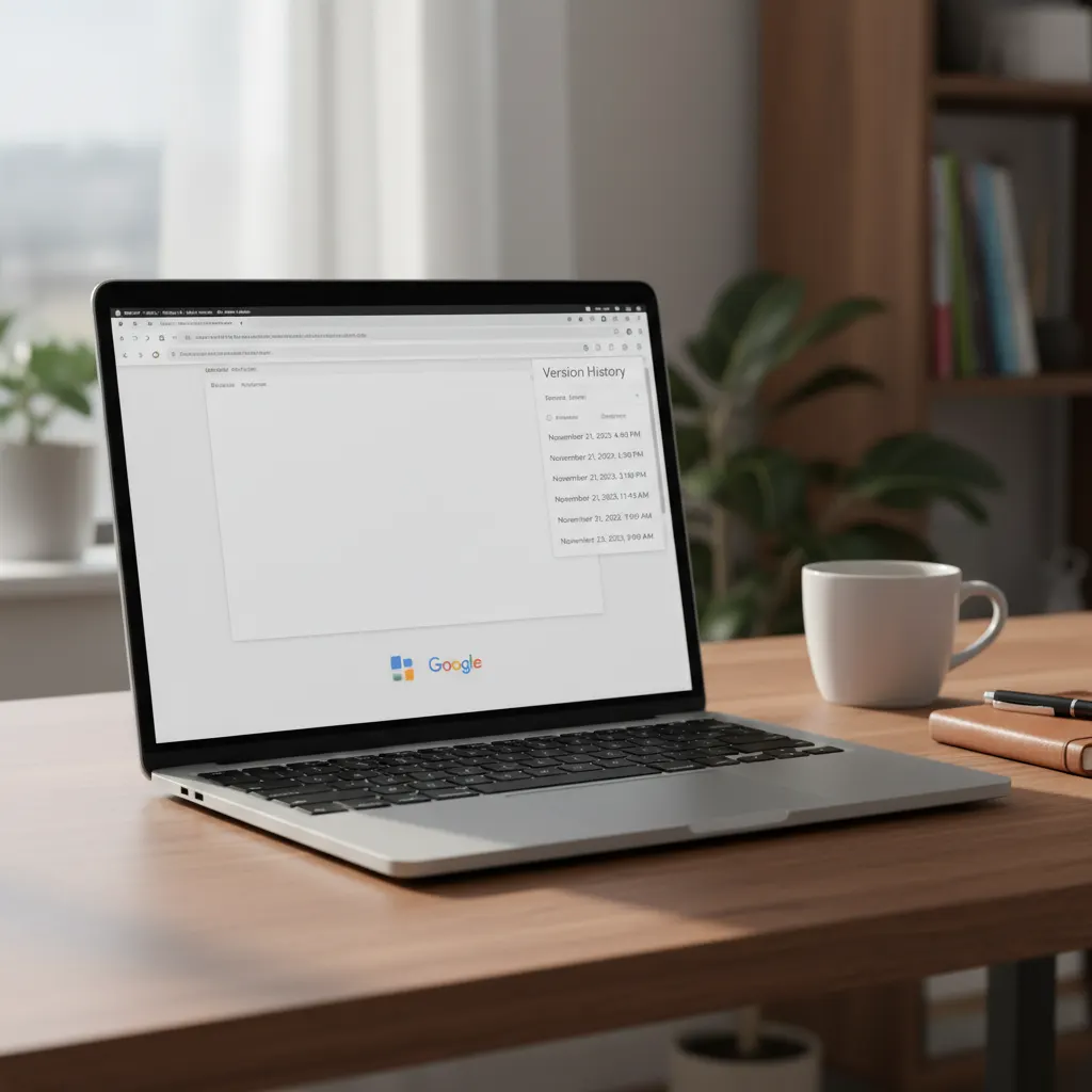 Close-up of a Google Docs Version History sidebar showing dated edits on a laptop screen on a wooden desk.