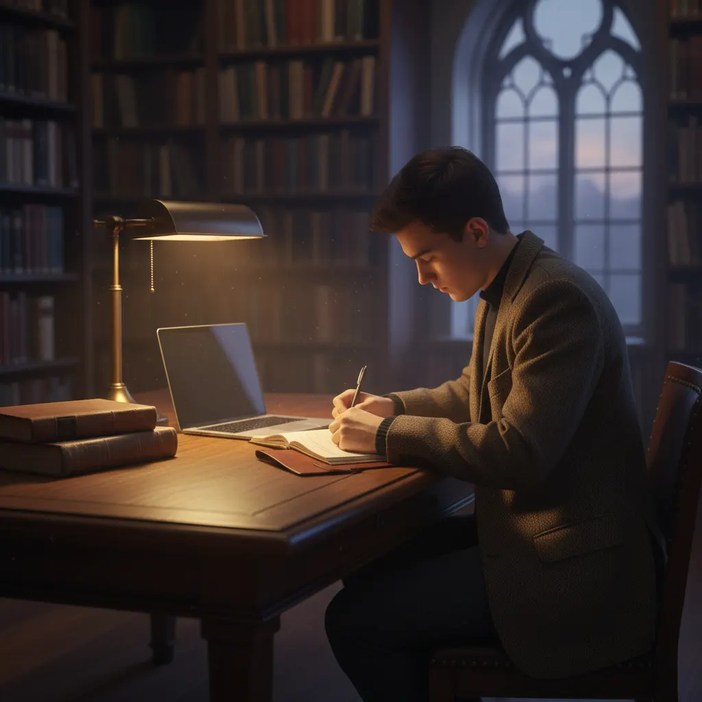A student writing in a quiet library nook at dusk, three-quarter back view, beside a closed laptop.