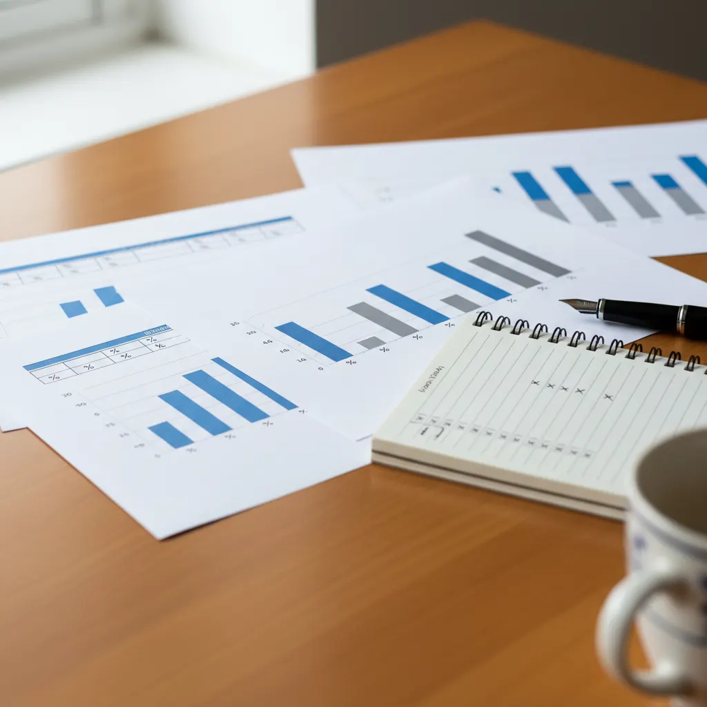 Several printed pages with simple bar charts and percentage tables on a wooden desk.