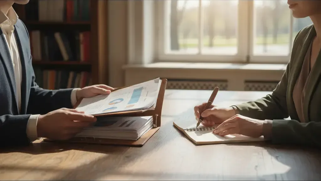 Across-the-table view of two pairs of hands with an open folder of papers and a notepad.