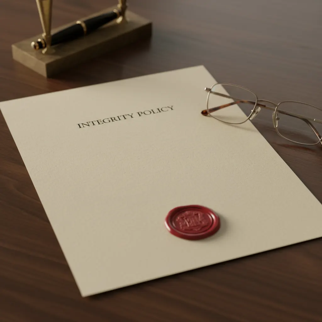 A printed integrity policy with a wax-seal style stamp and reading glasses on a wooden desk.