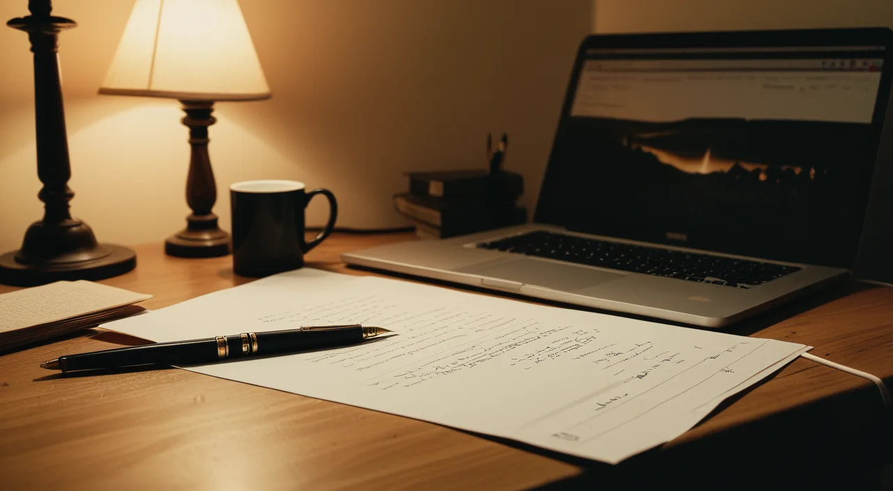 A laptop on a warm lamplit desk beside a printed dated timeline and a pen.